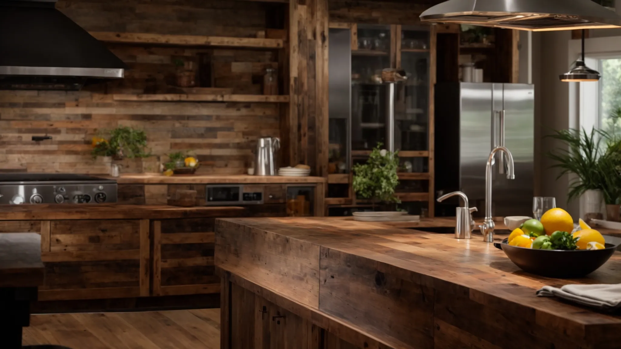 a stunning reclaimed wood kitchen countertop exudes warmth and character, enhancing the eco-friendly design of the kitchen.