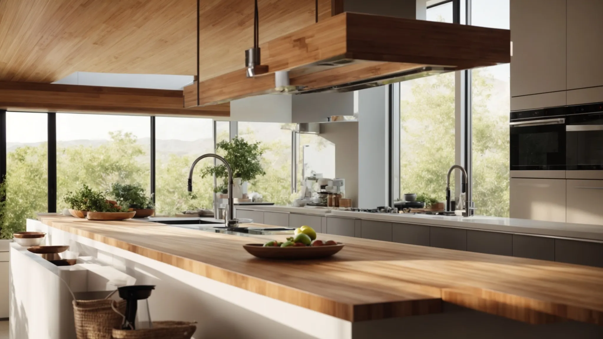 a modern kitchen with sleek bamboo countertops and recycled glass backsplash, blending eco-friendly aesthetics with sustainable functionality.