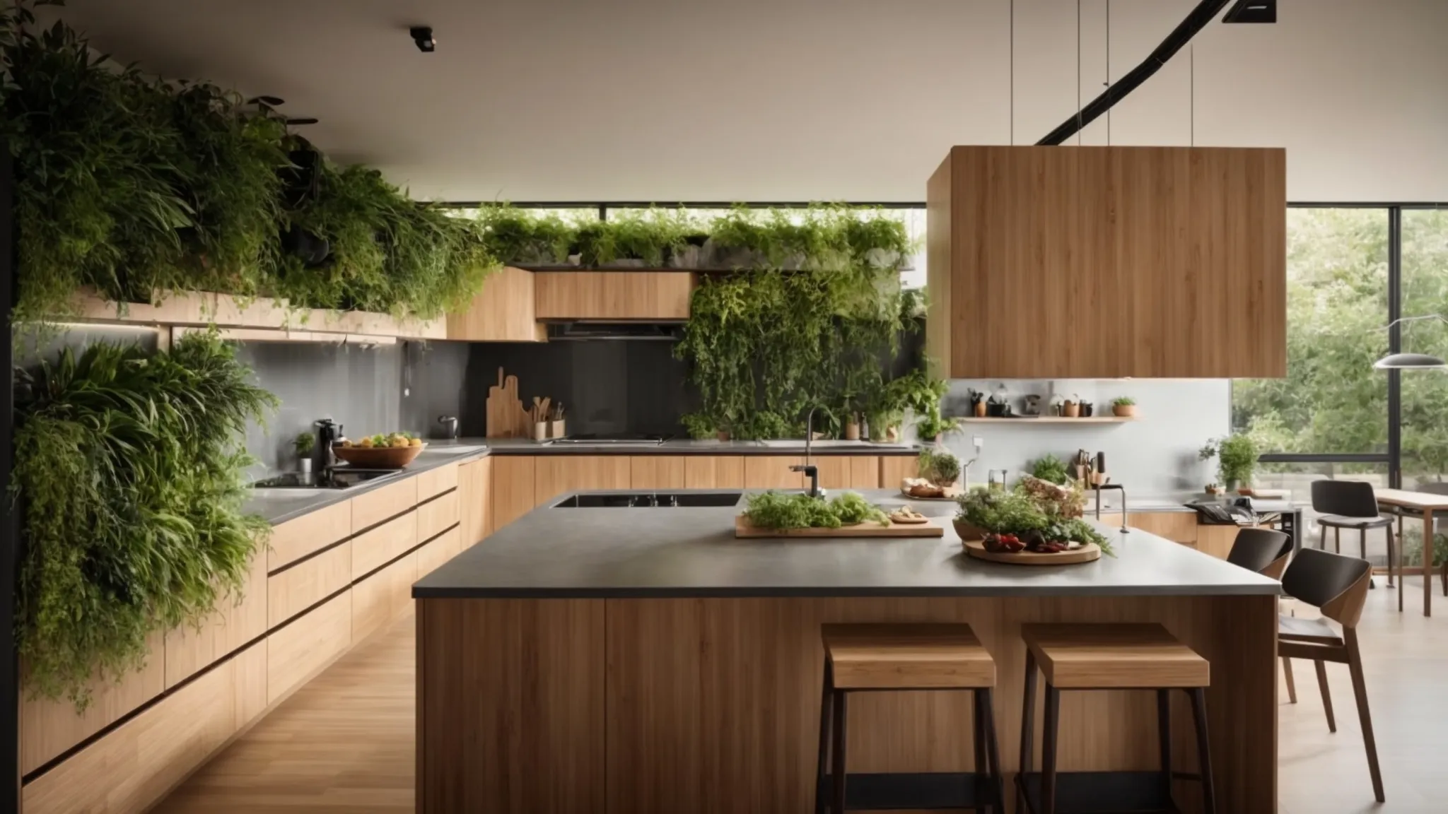 a modern, eco-friendly kitchen with sleek bamboo cabinetry, energy-efficient appliances, and a living herb wall, showcasing the beauty and functionality of sustainable design.