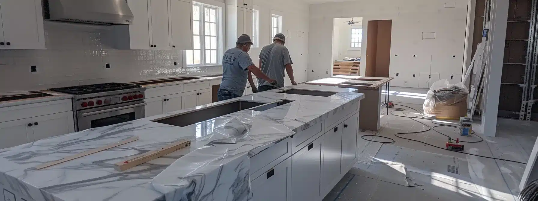 a team of skilled contractors meticulously installing a stunning marble countertop in a modern kitchen.