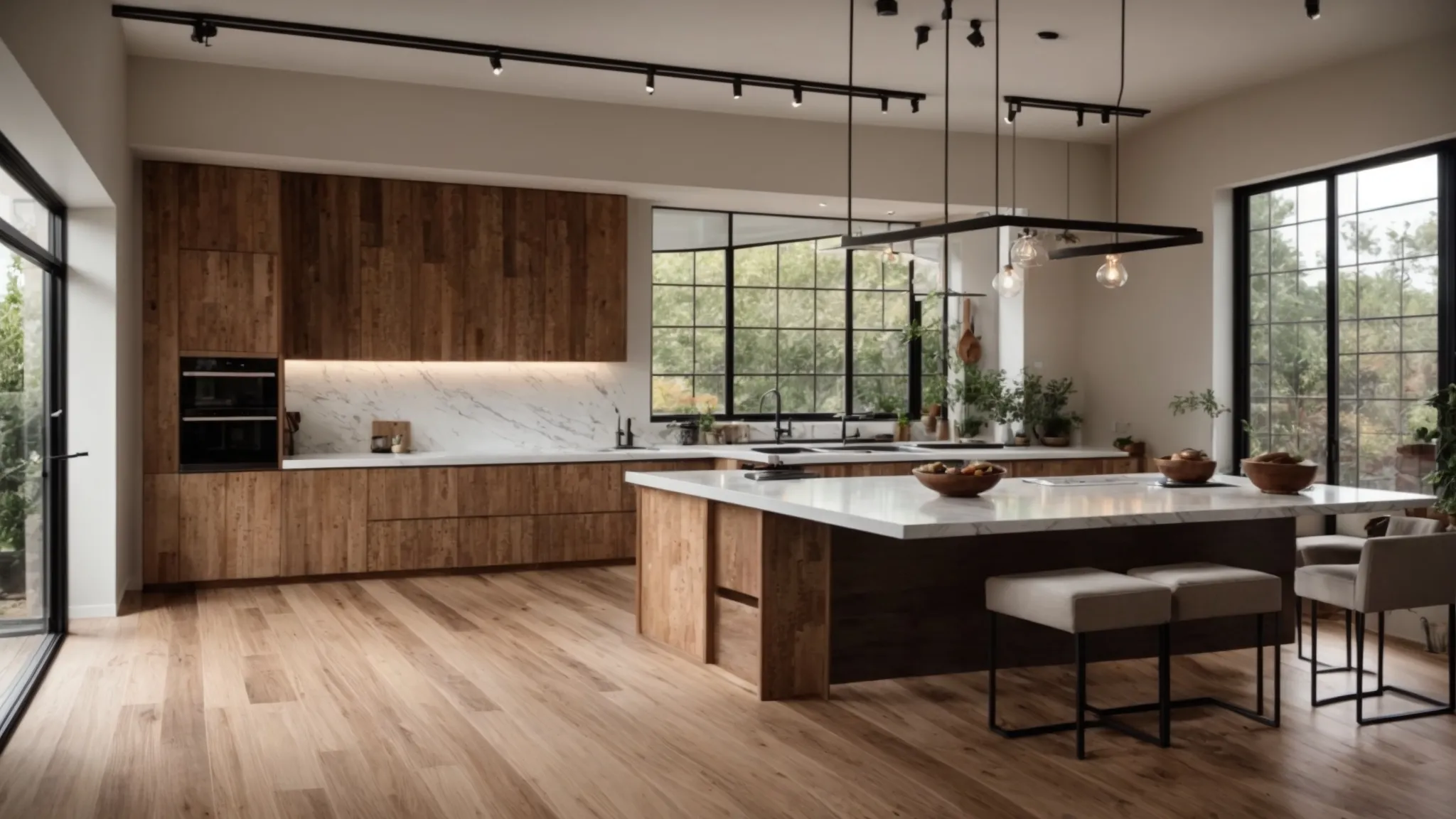 a cozy cork kitchen floor blends comfort and eco-friendliness, surrounded by reclaimed wood cabinets and sleek, recycled porcelain tiles.