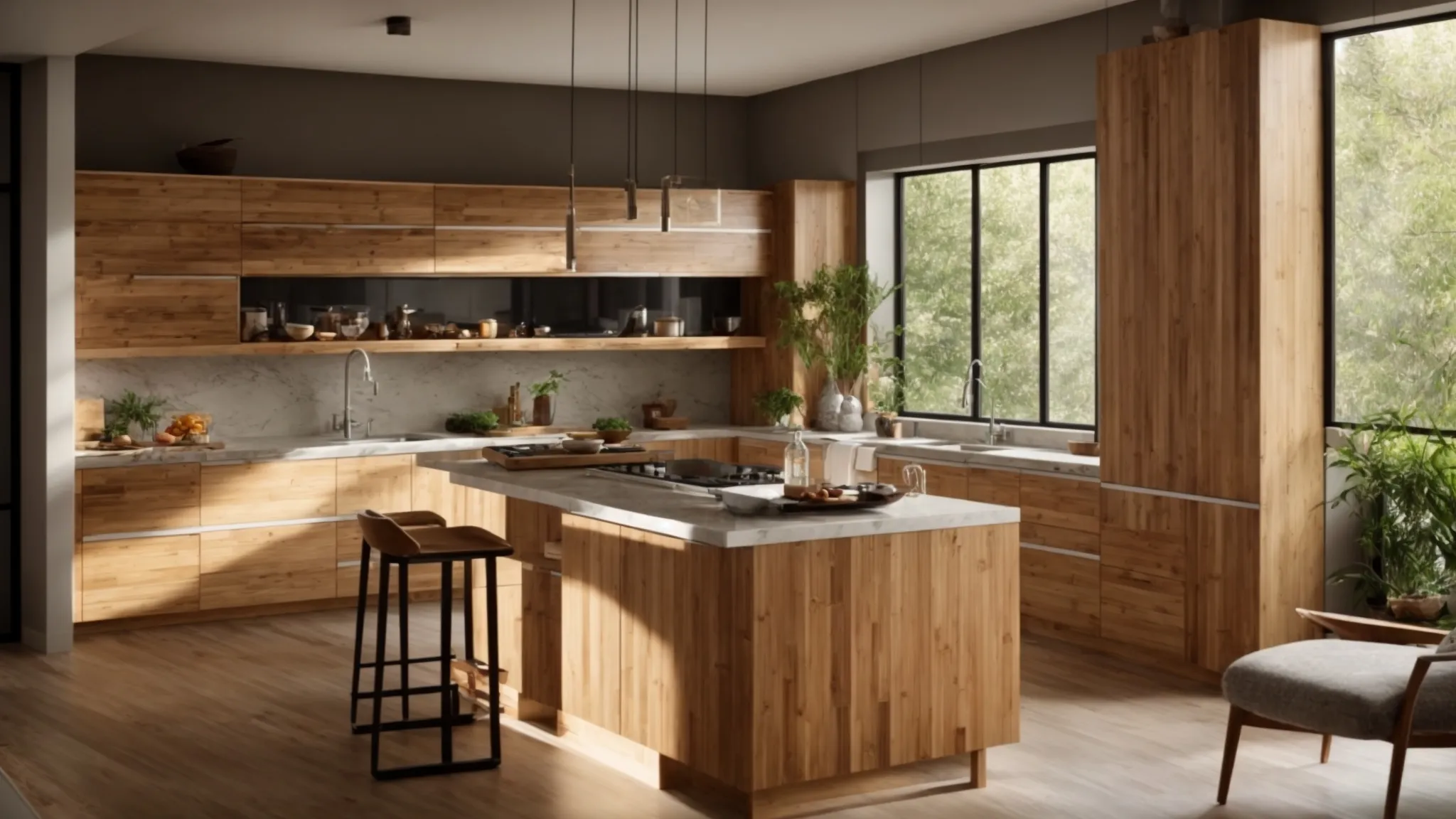 a kitchen filled with sleek bamboo cabinets and reclaimed wood cabinetry, showcasing eco-friendly and sustainable design choices.