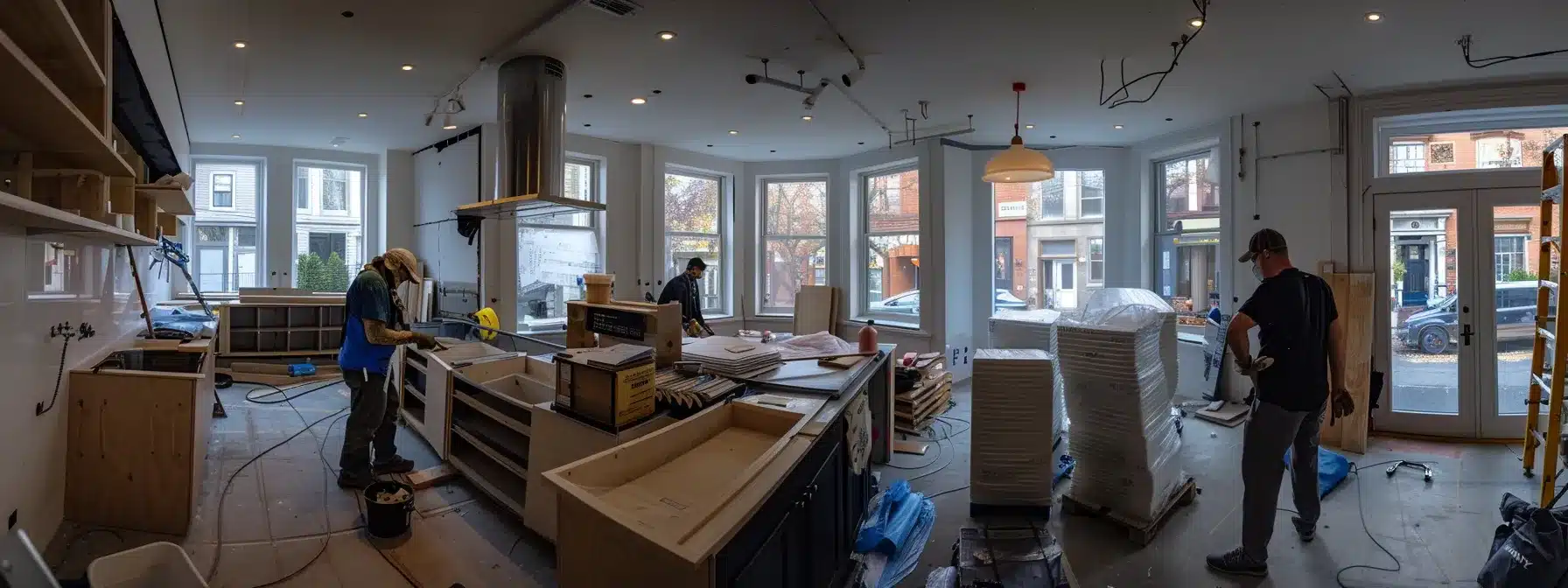 a busy kitchen renovation site bustling with contractors, with windows being installed and custom storage solutions being constructed in a timely and efficient manner.