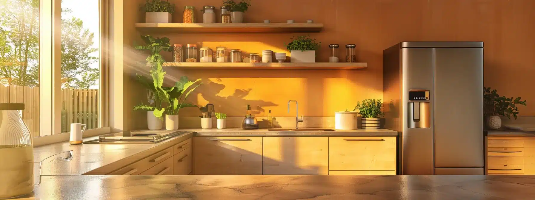 a modern kitchen with sleek countertops and a stylish refrigerator, demonstrating a realistic budget for a remodel.